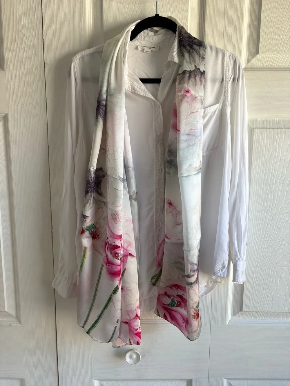 Hand‎ Painted White Silk Scarf Watercolor Pink Lotus Flower Floral Career Preppy
